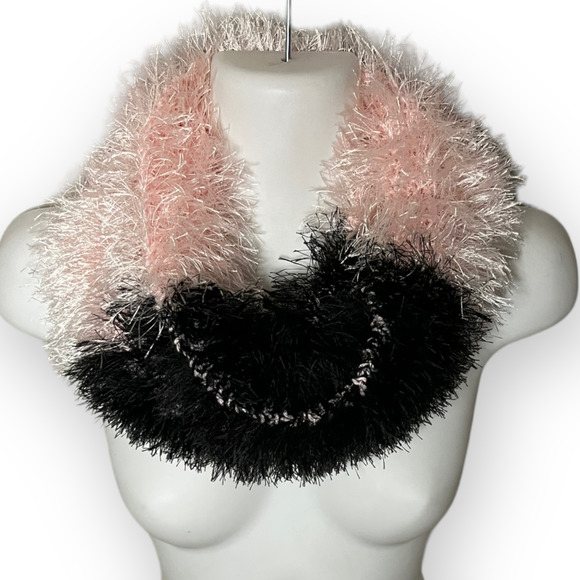 Handmade Women's Hand Knit Pink & Black Fuzzy Faux Fur Yarn Cowl, Neck Warmer - Picture 2 of 11
